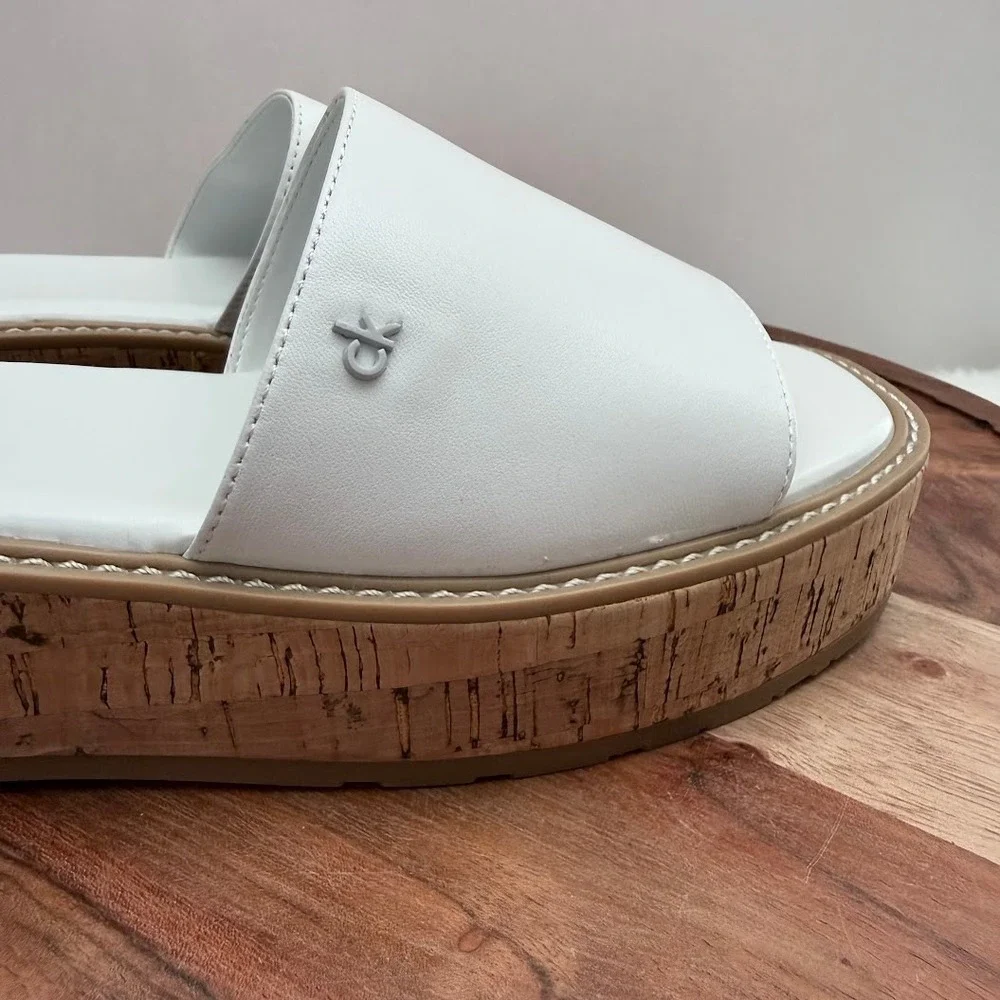 Calvin Klein White Arzelia Leather Cork Platform‎ Slide Sandals Womens 9.5 M
